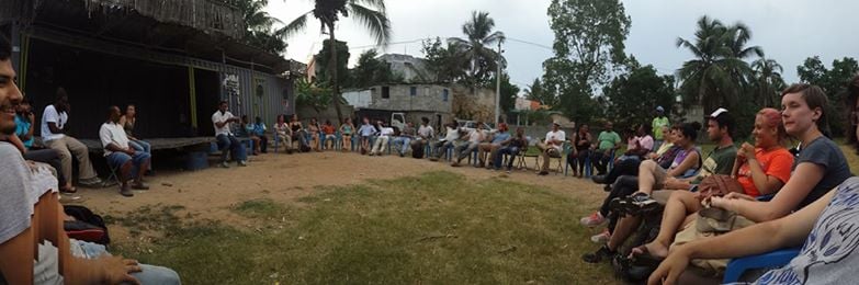 Community meeting in Las Malvinas by current shade structure to determine community desires and criteria.