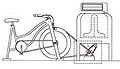 Contoh perangkat bertenaga pedal mekanis: Mesin cuci pedal CCAT oleh Bart Orlando.  Diagram oleh Matt Rhodes.  Sepeda menggerakkan katrol yang dipasang di poros yang menggerakkan transmisi, menggantikan motor yang biasanya menggerakkan agitator