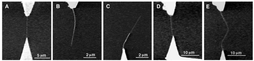 Figure 1: Pictures of carbon nanotubes being tested by Yu et al. This is was a simple tensile test done however on a nanoscale in an electron microscope