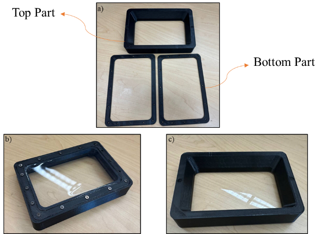 File:A) printed parts, b) Assembled vat (bottom view), c) Assembled vat (top view).png