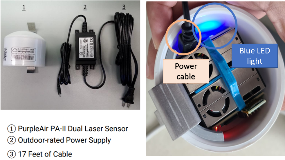 PurpleAir PA-II sensor and power cable setup