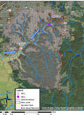 Figure 3: Martin Slough watershed with the two sampling locations on the main channel denoted as MS 1 and MS 2 (ArcMap 2021, StreamStats 2021).