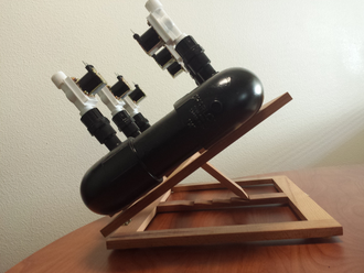 A wooden stand supporting the multiple rocket launcher.