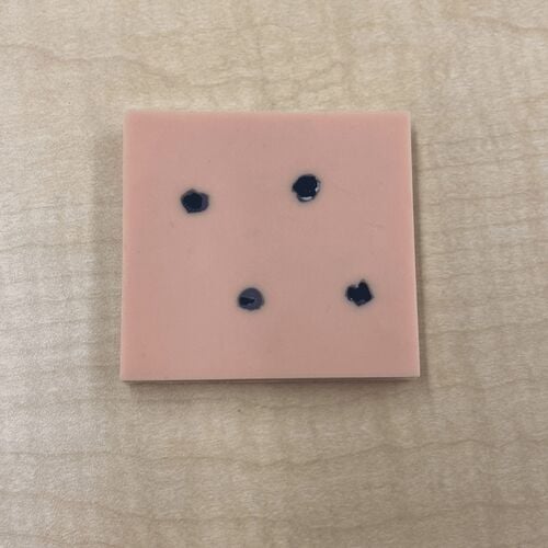 Rectangular pink silicone skin pad with four dark melanoma-shaped lesion indents of varying sizes on a light surface.