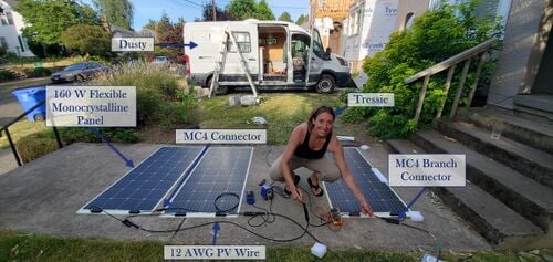 3 175W flexible monocrystalline photovoltaic panels connected in parallel.
