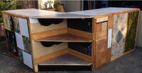 Upcycled checkout desk Upcycled albums and wood into a checkout desk.