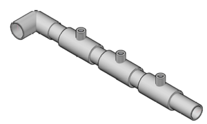 Four four inch section of one and a half inch P.V.C. connected by three one and a half inch to half inch P.V.C. Reducer T-joints with a one and a half inch ninety degree P.V.C. elbow on the left end.