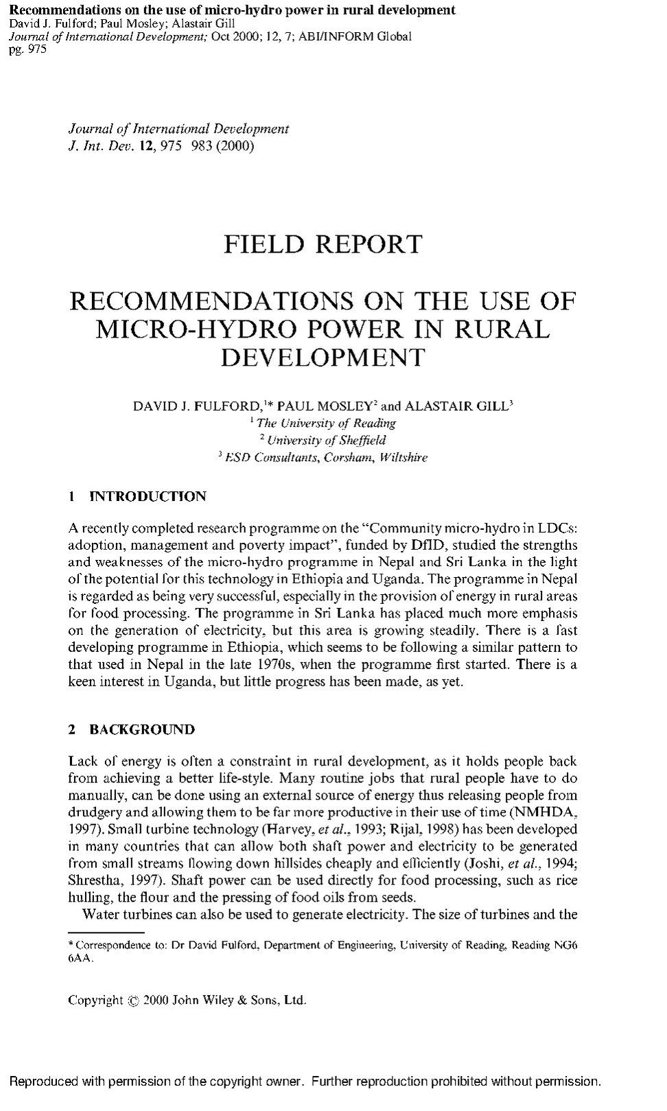 Recommendations on the Use of Mico-Hydro Power in Rural Development