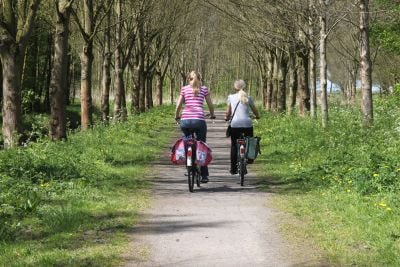 Cycling mother and daughter in a forest.JPG