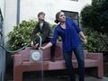 RESU members Ariel O'Callaghan and Jocelyn Gwynn demonstrate the unit using a Founders Hall garden hose