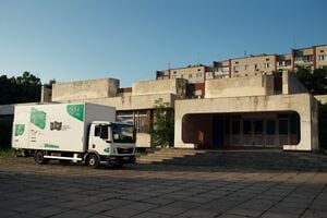 The Tolocar Truck parked in front of Peremoha Lab in Chernihiv