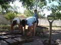 Fig 4: The mud must then be massaged into the adobera with extra emphasis placed on getting it into the corners. If there is any extra mud that doesn't fit into the mold it can be scraped off and placed where the next adobe is to be made.