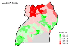 Figure 1: Spatial distribution of relative risk of malaria during the highest burden month of the year(wet season).