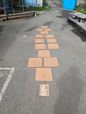 Cardboard prototype of fraction path, testing for size