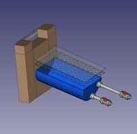 Screenshot of a CAD diagram, showing a weir flowing into a blue drum cut in half with two screens ontop of it and two pipes coming out of it