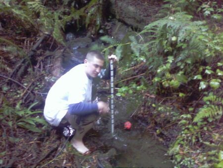 Finding the flow rate using a float and meter stick.