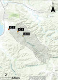 Figure 2: Map of Jacoby Creek watershed with the three sampling locations on the main channel denoted as JC 1, JC 2, and JC 3 (ArcMap 2021, StreamStats 2021).