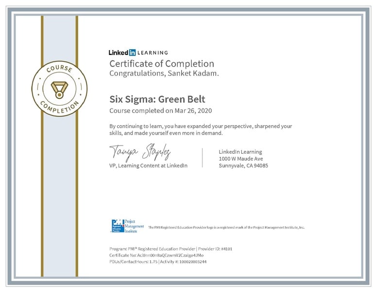 File:CertificateOfCompletion Six Sigma Green Belt Sanket Kadam.pdf