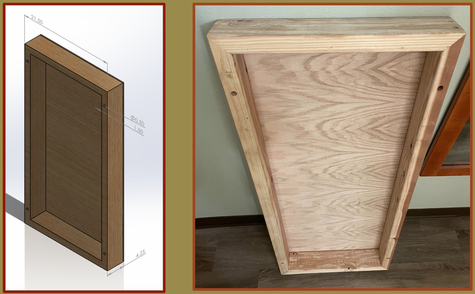 1: Using wood planks and 21x40" plywood sheet of 1/4" thickness the base is created to make room for wiring in the back. bolt holes are drilled into the 4 corners of the base to mount onto a endcap.