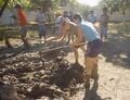 Fig 8: After the straw is mixed into the mud it must then be turned with shovels to mix it once again and then cut with a hoe into smaller piles which are ready to be brought to the brick making site.