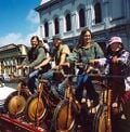 Volunteers help pedal power the PA system on Feb. 15, 2002 at the Anti Iraq war protest attended by 4,000 people in Eureka, California.
