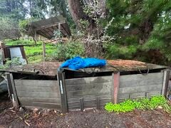 3 Bin Compost System. Top(s) open like a hatch. Front panels can be pulled upward, and removed, for easy shovel access.