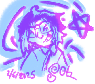 digital drawing of Sol, with lineart in purple and coloring in blue. Text includes artist signature and the date, 2/6/2025.
