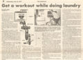 This article appeared in the HSU Lumberjack newspaper in 1997. The article is based on an interview with the pedal powered washing machine designer, Bart Orlando. Since then, the pedal power drive line of the washer has been simplified. The number of fanbelts used has been reduced from two belts to one belt. Now, one fanbelt connects the flywheel of the exercise bike directly to the pulley which drives the transmission of the washer. This reduces the amount of friction by eliminating one belt and two pillow blocks. Less friction translates into less pedaling effort.