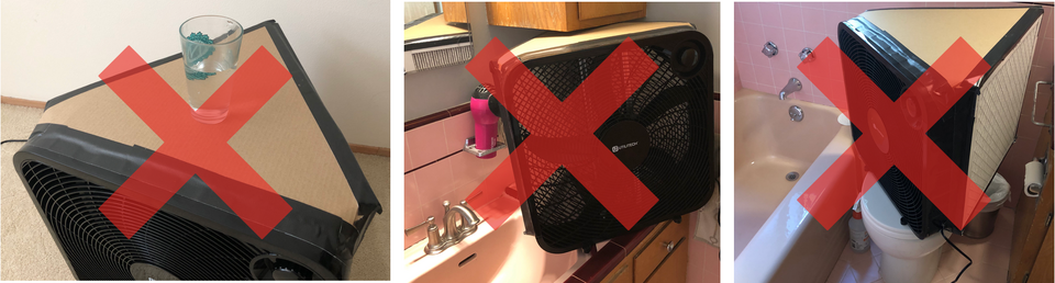 placing water on the device and using in a bathroom are depicted crossed out with a large X.