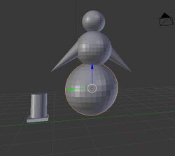 My submission for the Snowman Mini-Project and my first design made in Blender. While my design was quite simple, there is a wealth of things available in Blender that I didn't even begin to get into. Working in that 3D space is quite disorienting, I wasn't able to move objects around like I would have wanted to because I have never had to work spatially like that before. I also put the top hat on the ground next to the snowman because I didn't want to make it too tall and I didn't know if it would like right with a top hat on already.