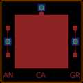 PCB-board schematic, red areas are metal on the front side, blue areas are metal on the back side and green areas are vias