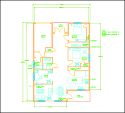 Scale drawing of floor plan for 174-meter square plan house. Includes 2 bedrooms, 2 bathrooms, and office