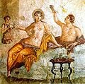 A fresco from a house in the ancient Roman city of Herculaneum. Likely painted with chalk, charcoal and colored earth on damp lime plaster, this style of fresco did not require a binder in the paint to adhere to the wall.[4]