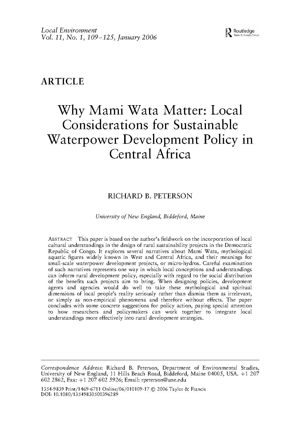 Why Mami Wata Matter: Local Considerations for Sustainable Waterpower Development Policy in Central Africa