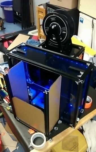 Home built cartesian printer. Has been used to print PLA, ABS, and nylon.