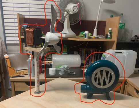 Hand-crank generator, completed wind turbine, and motor (all outlined in red for visibility) placed on a wooden board, soon to be attached