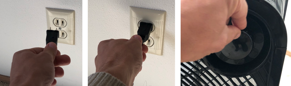 Three frames depicting plugging in and turning on the air filtration device